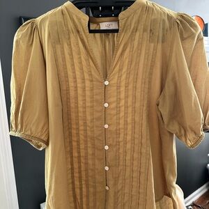 LOFT Gold Puff Sleeve Blouse with Mandarin Collar